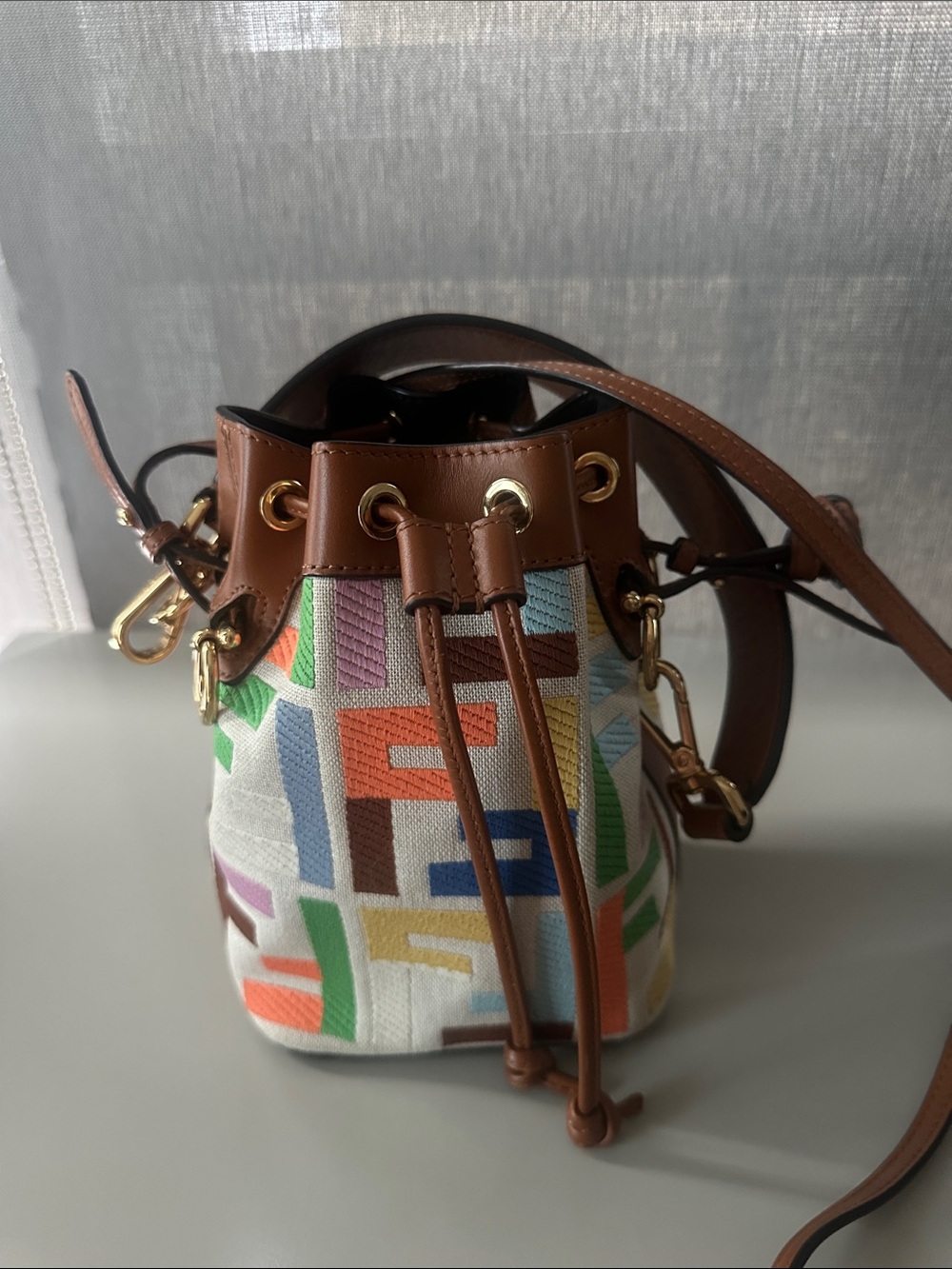 Fendi Multicolor Canvas Bucket Crossbody with Brown Leather Trim